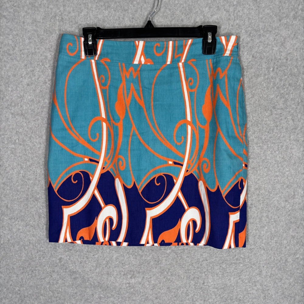 Merona Linen Cotton Pencil Skirt 6 Turquoise Pockets Y2K Abstract Swirl Artsy